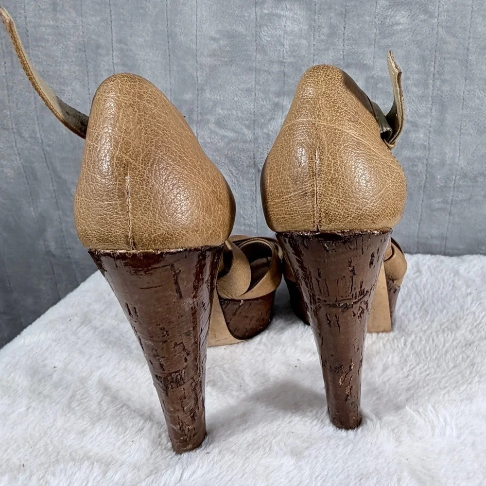 Miu Miu Tan Leather Strappy Cork Platform Heels Size 38 Made in Italy size 7.5
